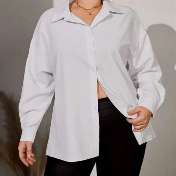 White Button up Boyfriend Collar Open split back shirt blouse - Picture 10 of 10